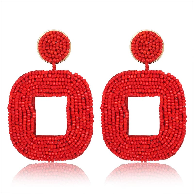 Boderier Beaded Drop Earrings Bohemian Beaded Square Dangle Statement Earrings (Red) - Image 1